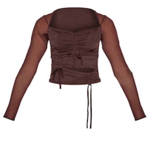 Pretty Little Thing Chocolate Brown Slinky Crop Top with Long Sleeves Nwt Size 2 - Picture 4 of 4